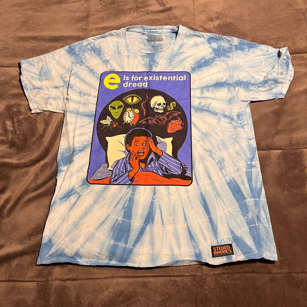 Large Adult Steven Rhodes Blue Tie Dye Retro E Is For Existential Dread Graphic